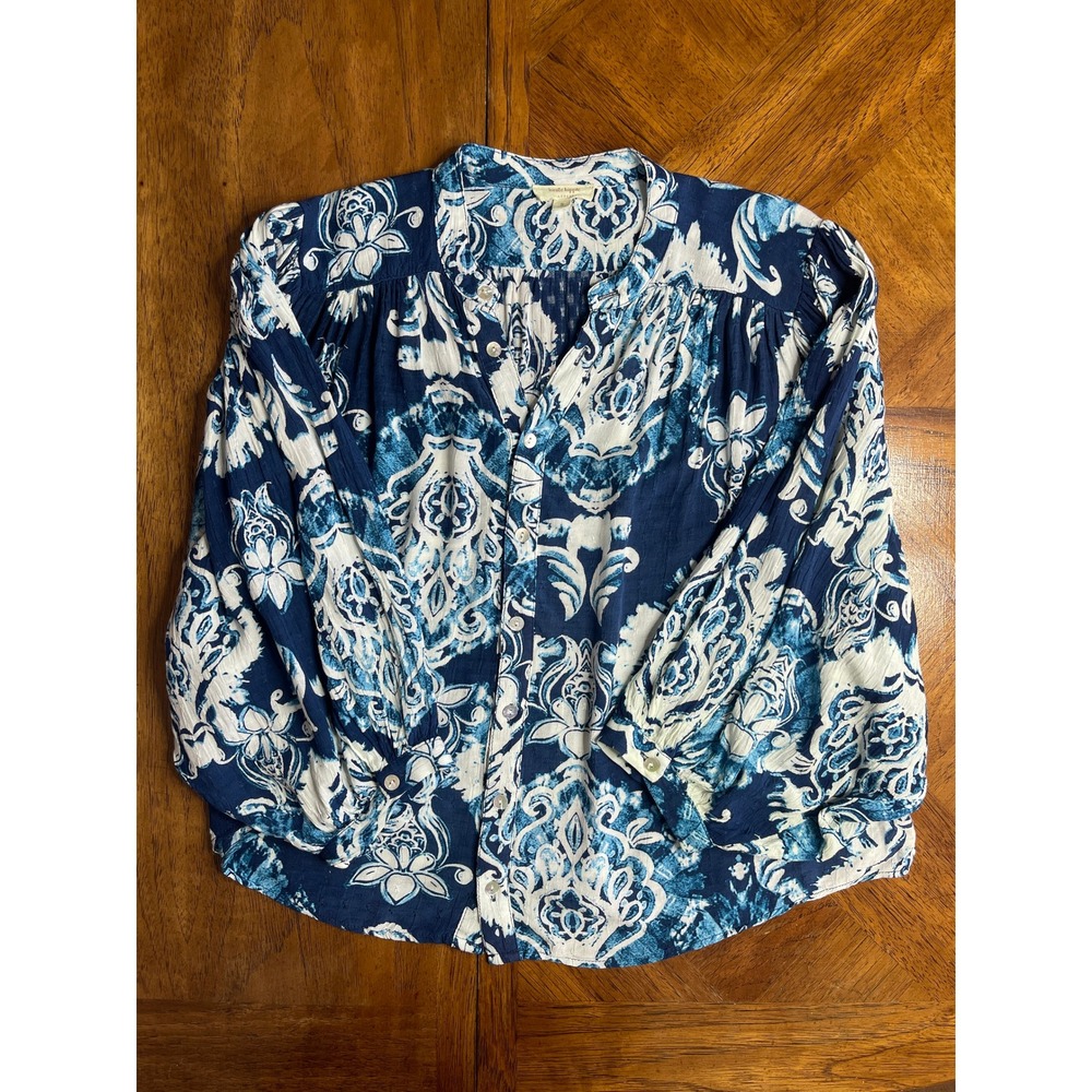 Haute Hippie Blouse Blue White Damask Paisley Button Front Boho Top S - Picture 2 of 11